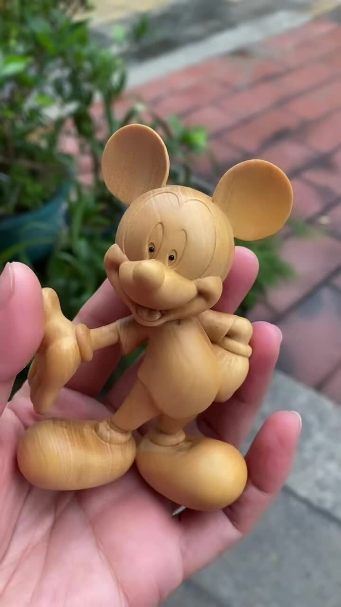 ミッキーマウス エクステリア 木彫り 木 置物　インテリア China Boxwood Wood Hand Carved Mickey Mouse Statue 黄杨木.米老鼠