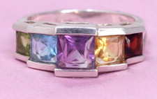925 Sterling Silver Natual Amethyst Blue Topaz Citrine Garnet Peridot Ring SZ 7