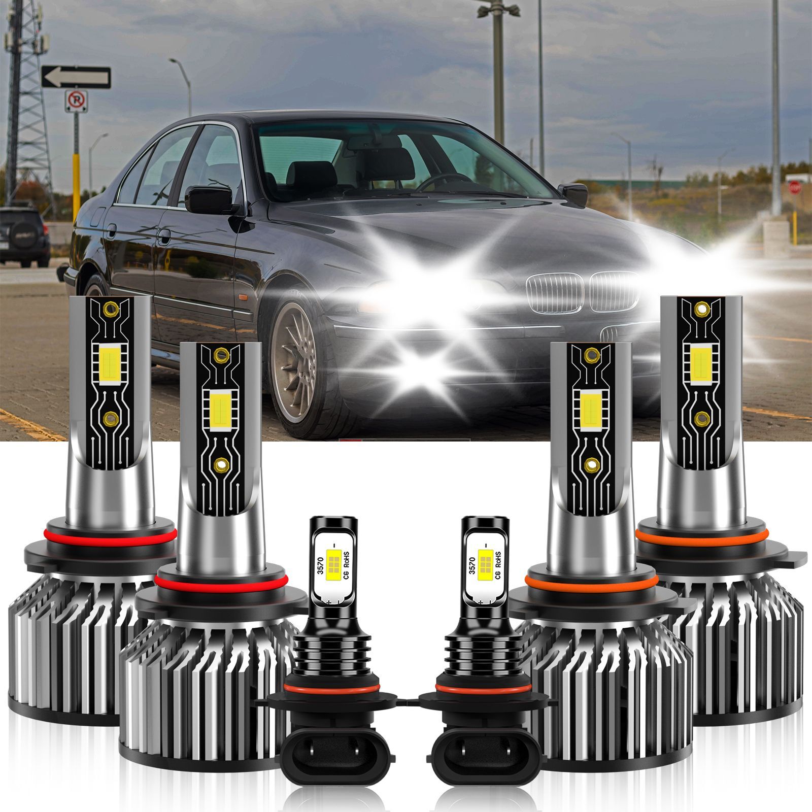 For BMW 540i 1994-1994 Combo LED Headlight High Low Fog Light Bulb Kit 6500K