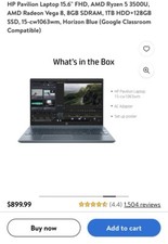 HP Pavilion Laptop 15.6" FHD, AMD Ryzen 5 3500U, AMD Radeon Vega 8 Horizon Blue