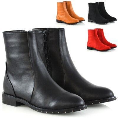 Womens Ankle Boots Studded Sole Flat Zip Up Ladies Chelsea Round Toe  Booties 3-8 UK