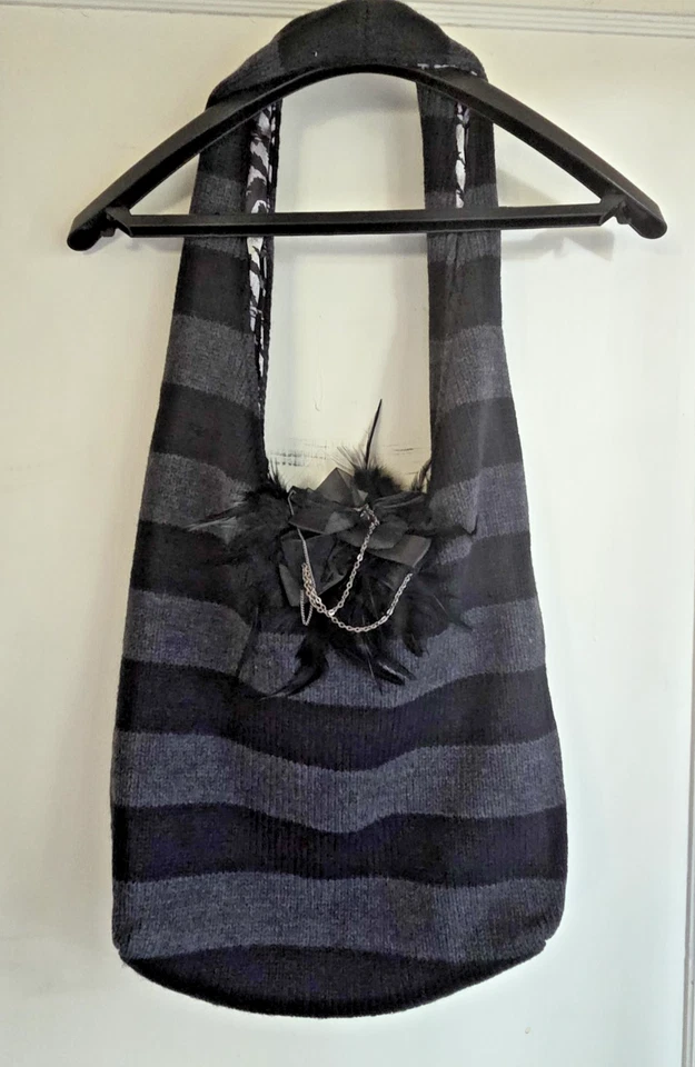 NWT Alice + Olivia By Stacey Bendet Striped Knit Bag Hobo Purse Charcoal/Black - Image 2 of 4