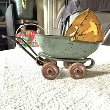 Vtg Wyandotte Baby Doll Stroller Buggy Pressed Steel Toy Wood Wheels 1920-30's