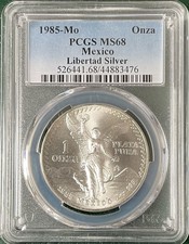 1985-MO MEXICO LIBERTAD SILVER ONZA PCGS MS68 WOW!!!
