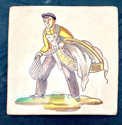 ANTIQUE SPANISH VALENTIAN FOLK ARTS E OFICIOS POLYCHROME CERAMIC TILE AZULEJO 8''