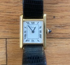 Cartier 1980s Tank Gold-Plated Wristwatch Black Leather Strap