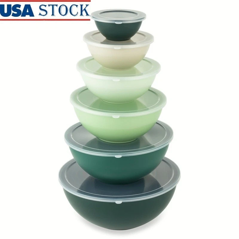 12 Piece Nesting Mixing Bowl Set W/ Lids Easy Grip Microwave Safe Storage New