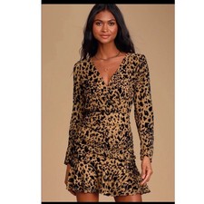 ASTR The Label Leopard Print Burnout Velvet Ruched Mini Dress Tan Black Small