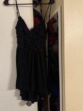 Women’s Black Solid Slip Dress S Regular Short V-Neck Sleeveless Lace Straps