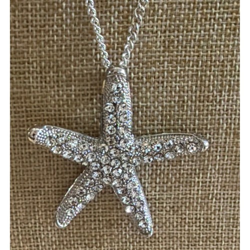 Silver Tone Rhinestone Starfish Pendant Necklace Evil Eye Nautical Charms Beach