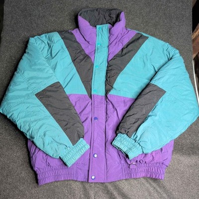 Alaskan Express Puffer Jacket Mens Large Purple Teal Vintage 90s Colorblock Ski