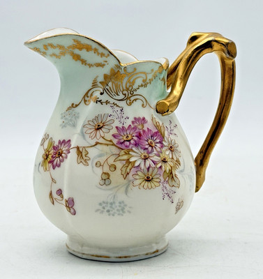 Antique Elite Limoges France Creamer Pitcher Porcelain Floral Gold Gilt Handle