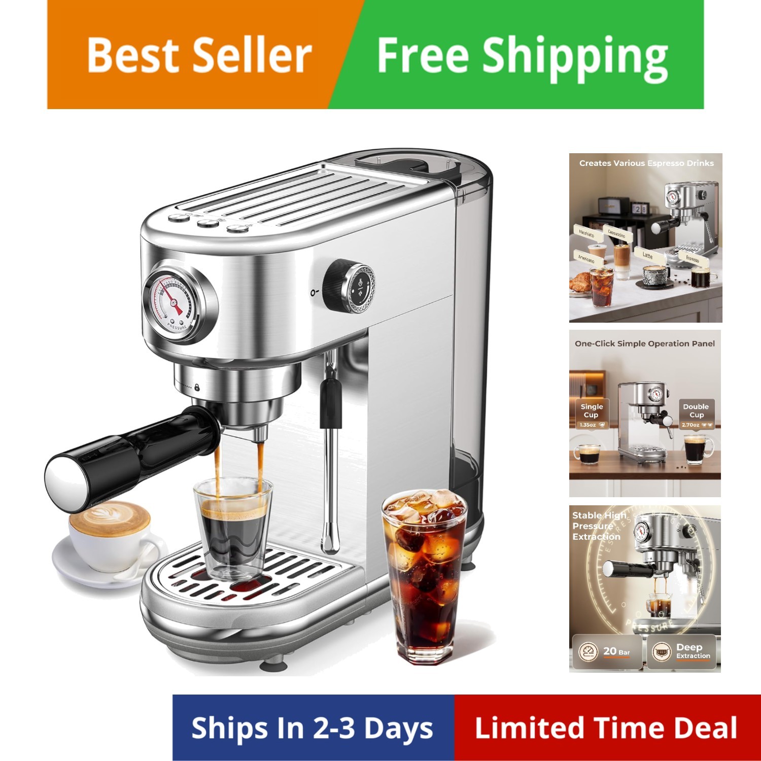 Espresso Machine with Milk Frother, 20 Bar Pressure Espresso Maker, with 44OZ...