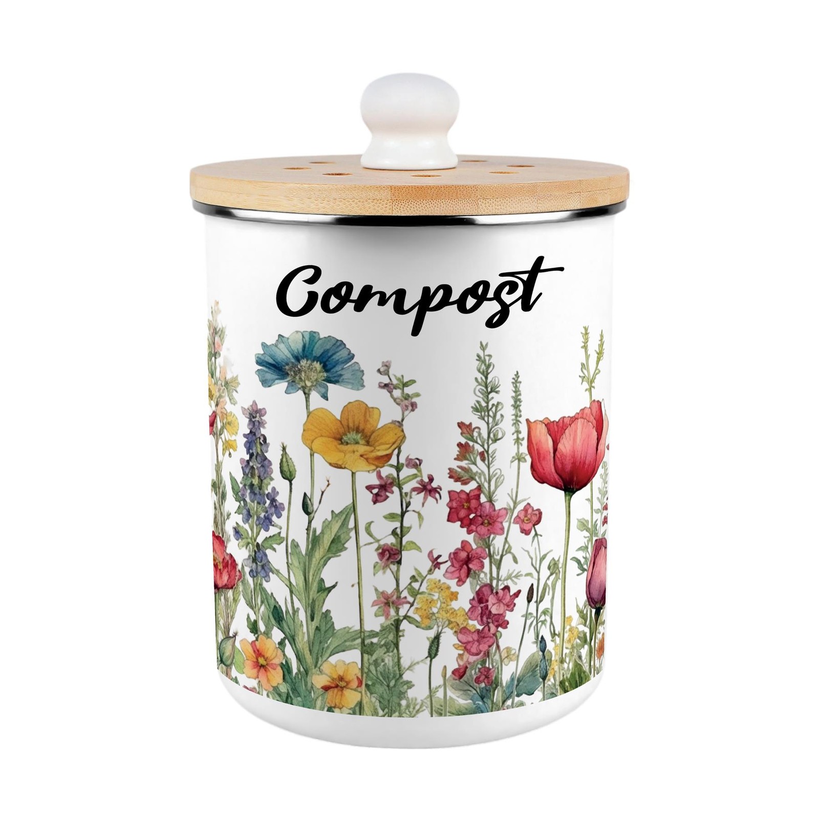 Wildflowers Compost Caddy - Enamel 2L Kitchen Food Waste Bin Gift