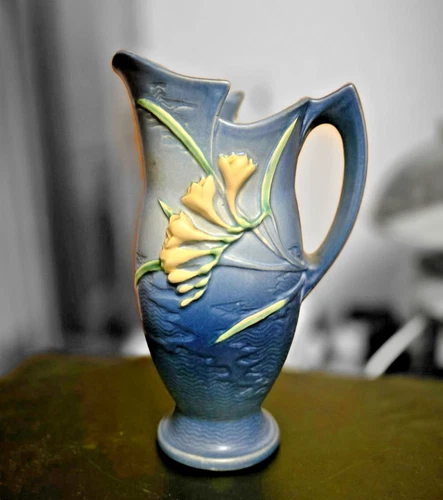 Roseville Pottery - Freesia Delft Blue Ewer 20-10