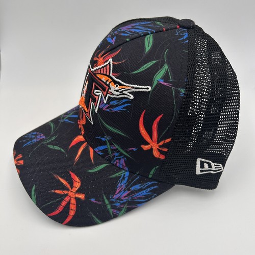 NWT New Era 9Forty Florida Marlins Black Floral A-Frame Trucker Snapback Hat - Picture 2 of 4