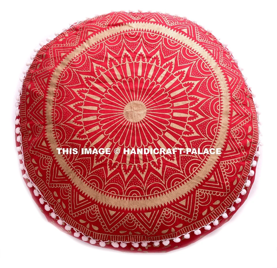 Puf otomano mandala de algodón indio taburete rojo puf pompón encaje 22" Foto 2 de 3
