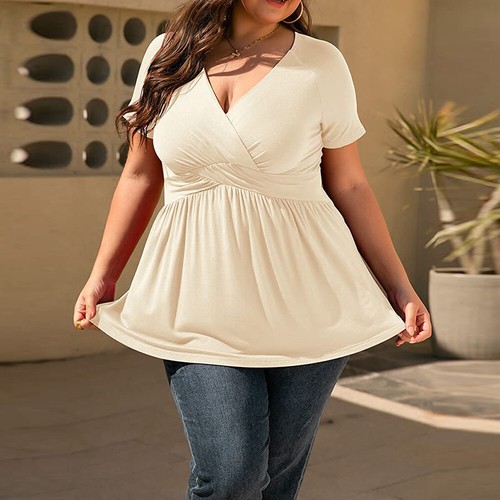 Women's V-Neck Casual Blouse Summer Shirt T-Shirt Short Sleeve Wrap Party Tops - Picture 18 of 18