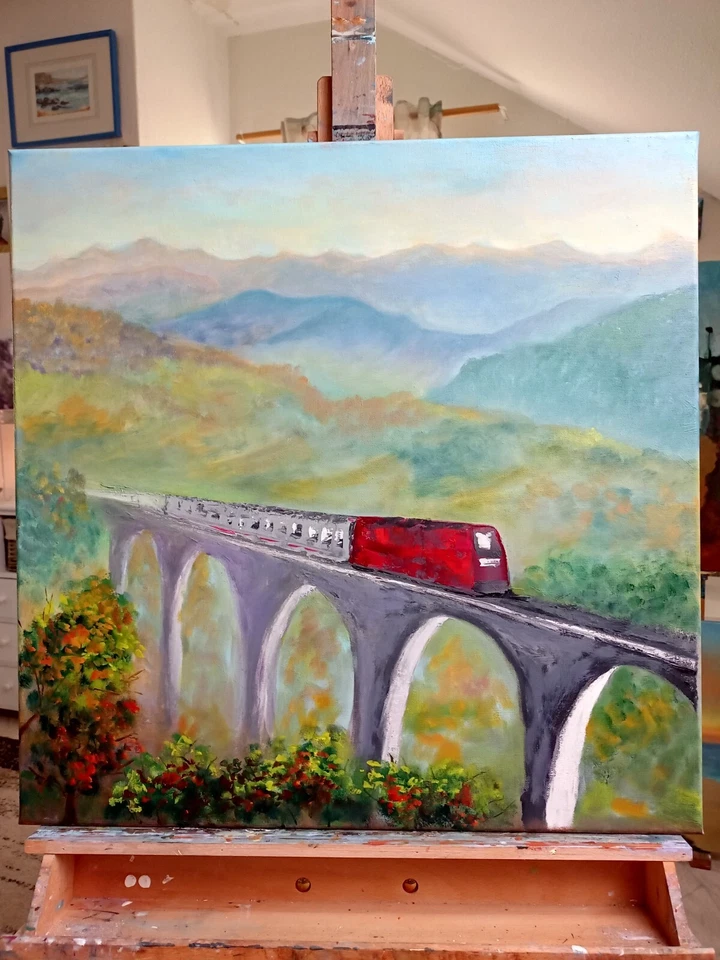 Zug Brücke Berge Ölbild 60x60 cm Landschaft Original Gemälde auf Leinwand - Bild 2 von 4