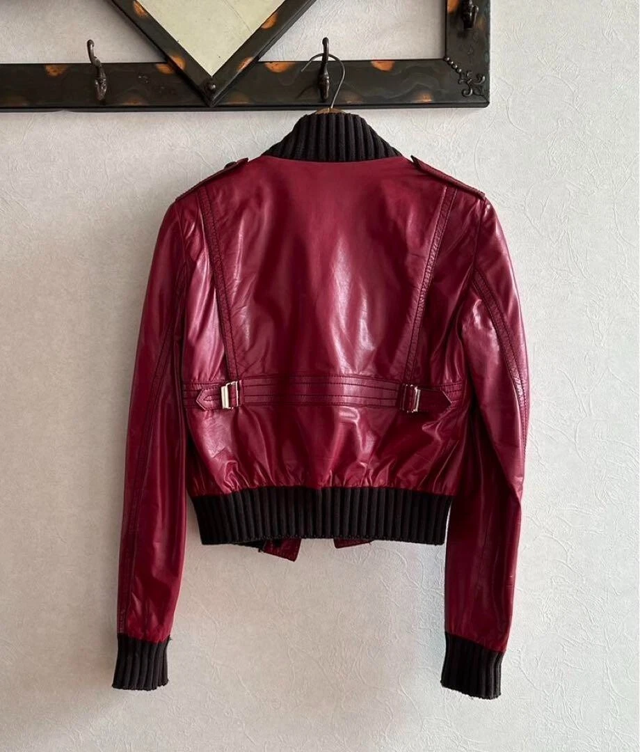 GUCCI Giacca Bomber Pelle Tom Ford Pelle di Vacchetta Cotone Taglia 42 Rosso Marrone Scuro