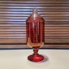 Vintage Ruby Red Apothecary Jar And Lid, Candy Jar, Red Vintage Glass, Used