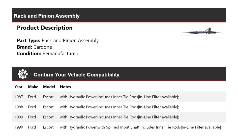 For 1987-1990 Ford Escort Rack and Pinion Assembly Cardone 1988 1989 - Image 2 of 4