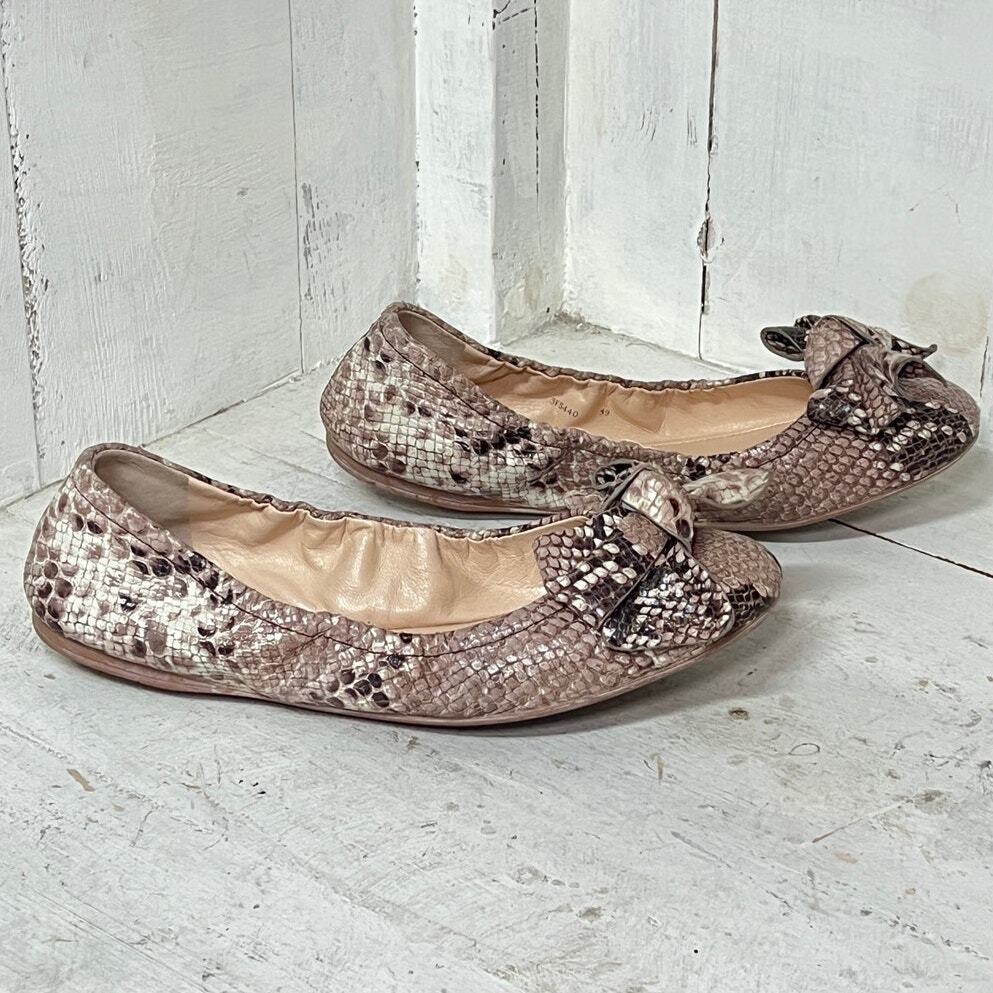 Prada Embossed Snakeskin Leather Slip On Bow Ballet Flat Tan