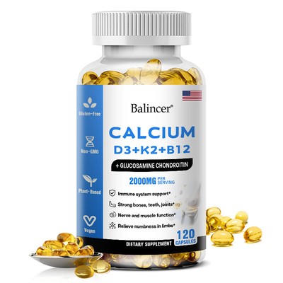 Vegan Calcium Capsules with Vitamin D3 +Premium K2+B12 Vitamins for Bone Support