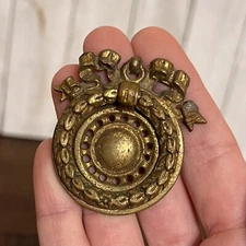 Antique - Small Ornate Round Brass Wreath with Bow Inlay Drop Ring Pull Handle