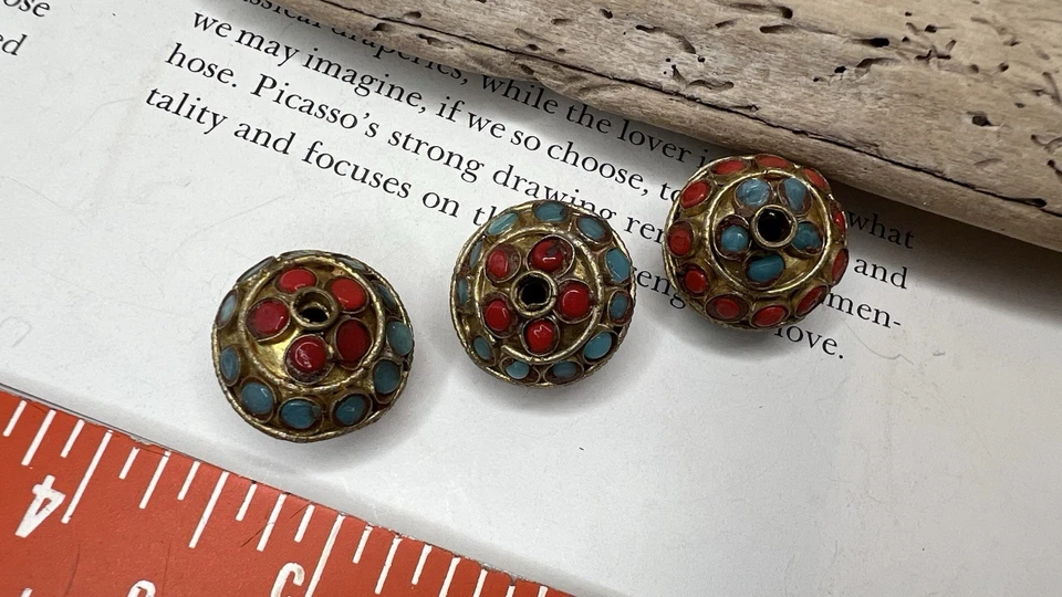 3 Tibetan Turquoise Coral Inlay Beads Brass Metal Jewelry Costume Beads ❤️ - Image 3 of 4