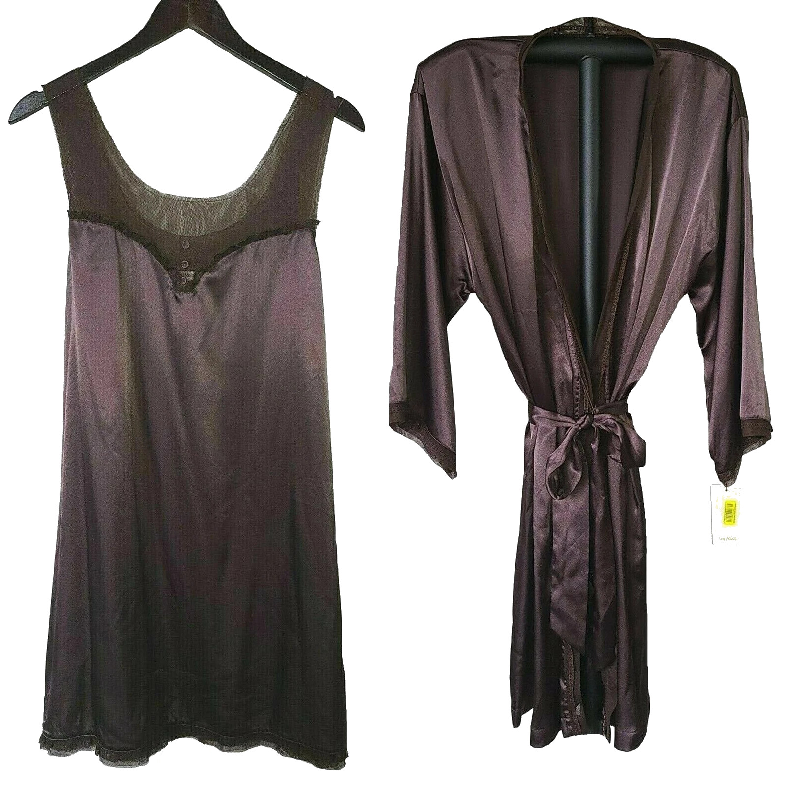 NWT $199 VERA WANG M Glossy Chocolate Satin & Mesh Chemise Nightgown & Robe Set
