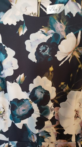 Eliza J Sz 10 Aline Dress Short Sleeve Back Zipper Floral Black Teal Cream Lined - Picture 3 of 8