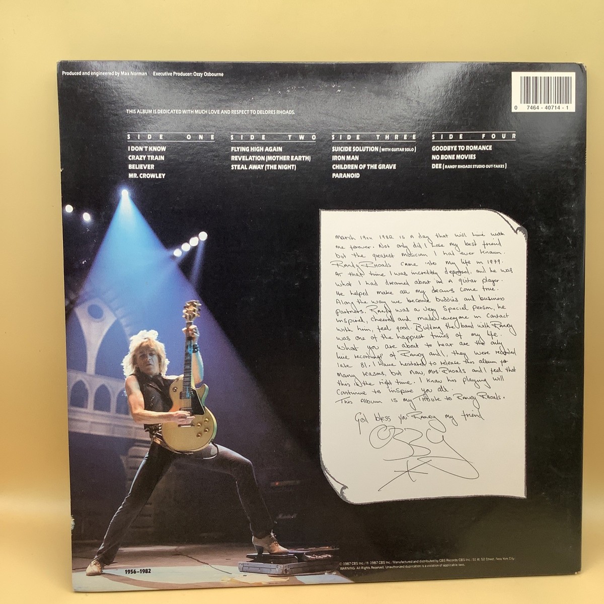 Ozzy Osbourne Randy Rhoads Tribute 1987 LP Album ZX2 40714