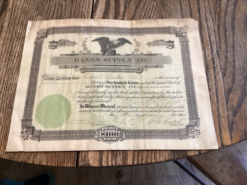 1914 Banks Supply Co.Stock Certificate Huntington West Virginia WV