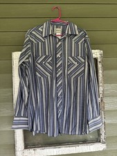 Frontier Men's L Blue Gray White Striped Long Sleeve Pearl Snaps Point Collar