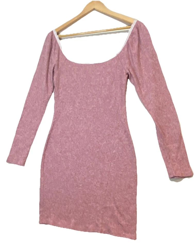 Forever 21 Dress Womens L Pink Ribbed Sweater Baby Doll Lace Trim Boho Festival - Image 3 of 4