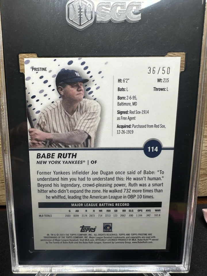 2023 Topps Pristine #114 Babe Ruth Gold Refractor #/50 SGC 10 GEM MINT POP 1 - Image 2 of 2