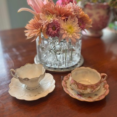 Vintage Cabinet Demitasse Cup & Saucer Pair | Romantic Floral Porcelain | Victor