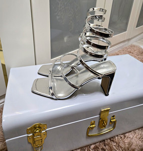 Women's Silver Synthetic Strappy Ankle Strap Square Toe Block Heel Sandals 9.5