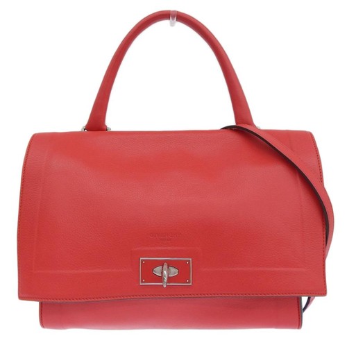 GIVENCHY Shark Medium Red Leather 2Way Shoulder Bag Turn Lock Auth