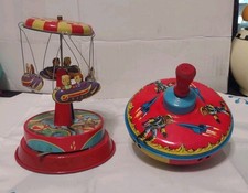 Vintage J Chein / Ohio Art Tin Litho Rocket Carnival Toy Top 1960's Lot Works