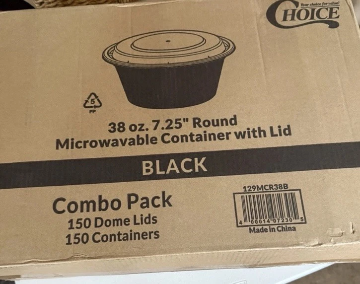 CHOICE 38oz. 7.25” Round Black Microwaveable Container W/Lid 150pc Bulk Set