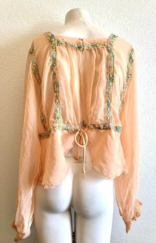 VTG Sheer PEACH NYLON w EMBROIDERY Layered TOP peplum designer sample DaNang M - Image 4 of 4