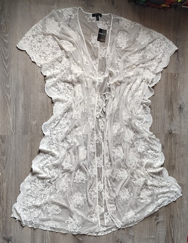 Forever 21 Sheer Ivory Lace Kimono Cover Beach Kaftan Maxi Tie Front 2X/3X NWT