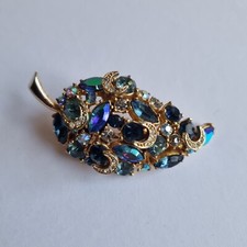 Large Vintage Green & Blue Glass Signed Sphinx Brooch Leaf Shaped Gold Tone