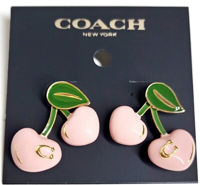 Coach Cherry Stud Earrings Gold Pink Cubic Zirconia Hypoallergenic