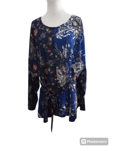 Suzanne Betro Damenbluse 3/4 Länge Glockenärmel Blumenmuster Größe 2X blau fließend