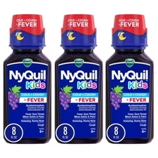 Vicks NyQuil Kids' Cough & Cold + Fever Liquid Grape 8oz Lot of 3