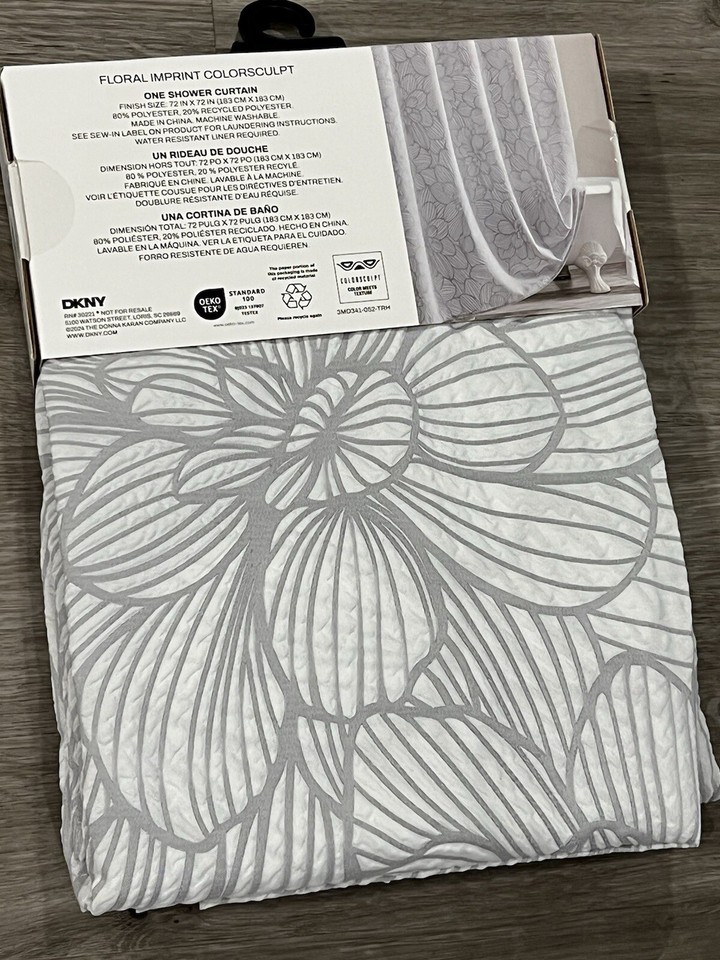 DKNY Fabric Shower Curtain Floral Imprint White Gray Large Flowers