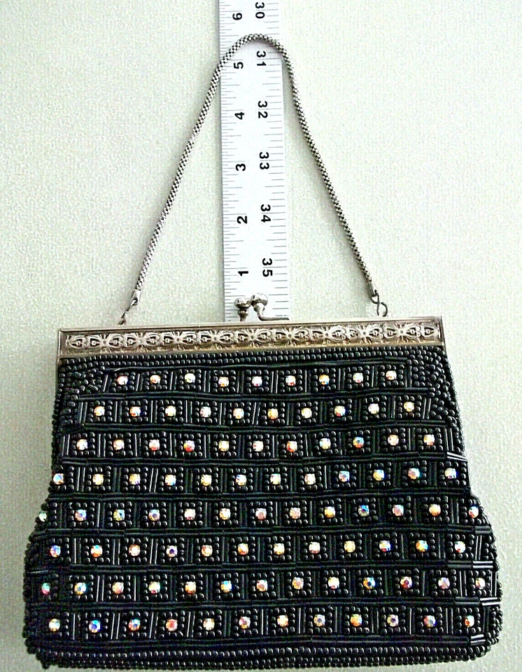 Antique Black BEAD Iridescent CRYSTALS Metal Frame HIDE AWAY CHAIN Clutch Purse - Image 2 of 4